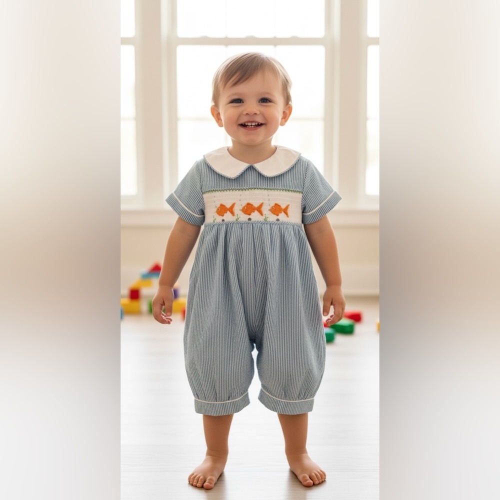 Blue and Orange Bodysuit with Fish Design and Peter Pan Collar